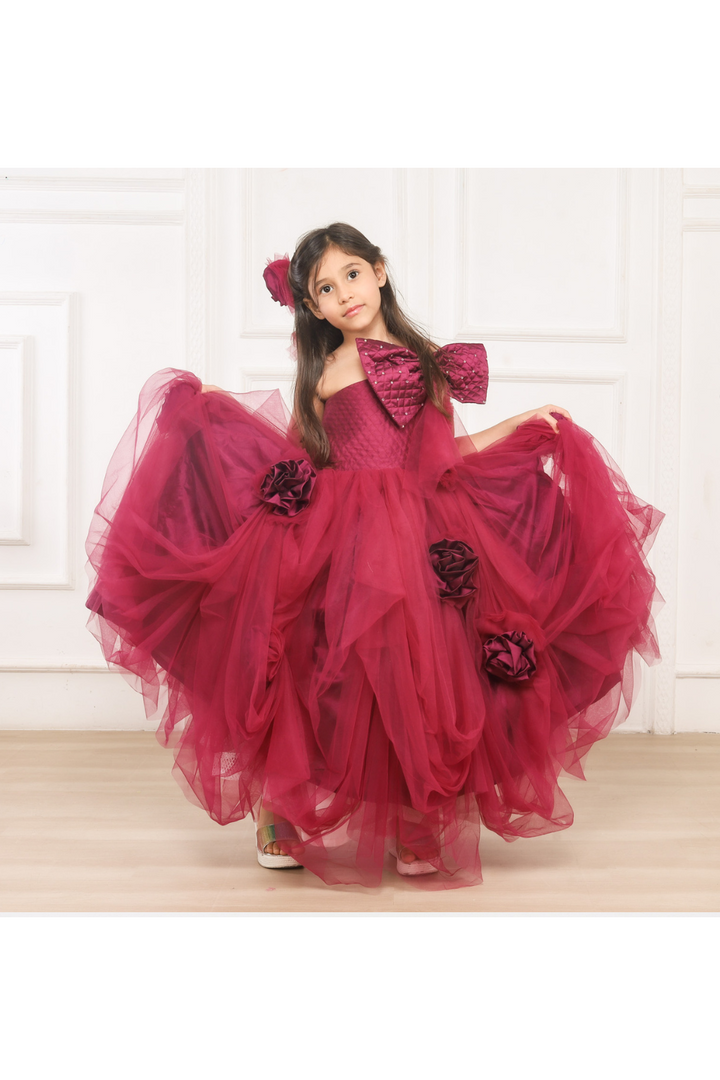 Maroon Big Bow And Flower Embroidered Net One Shoulder Gown
