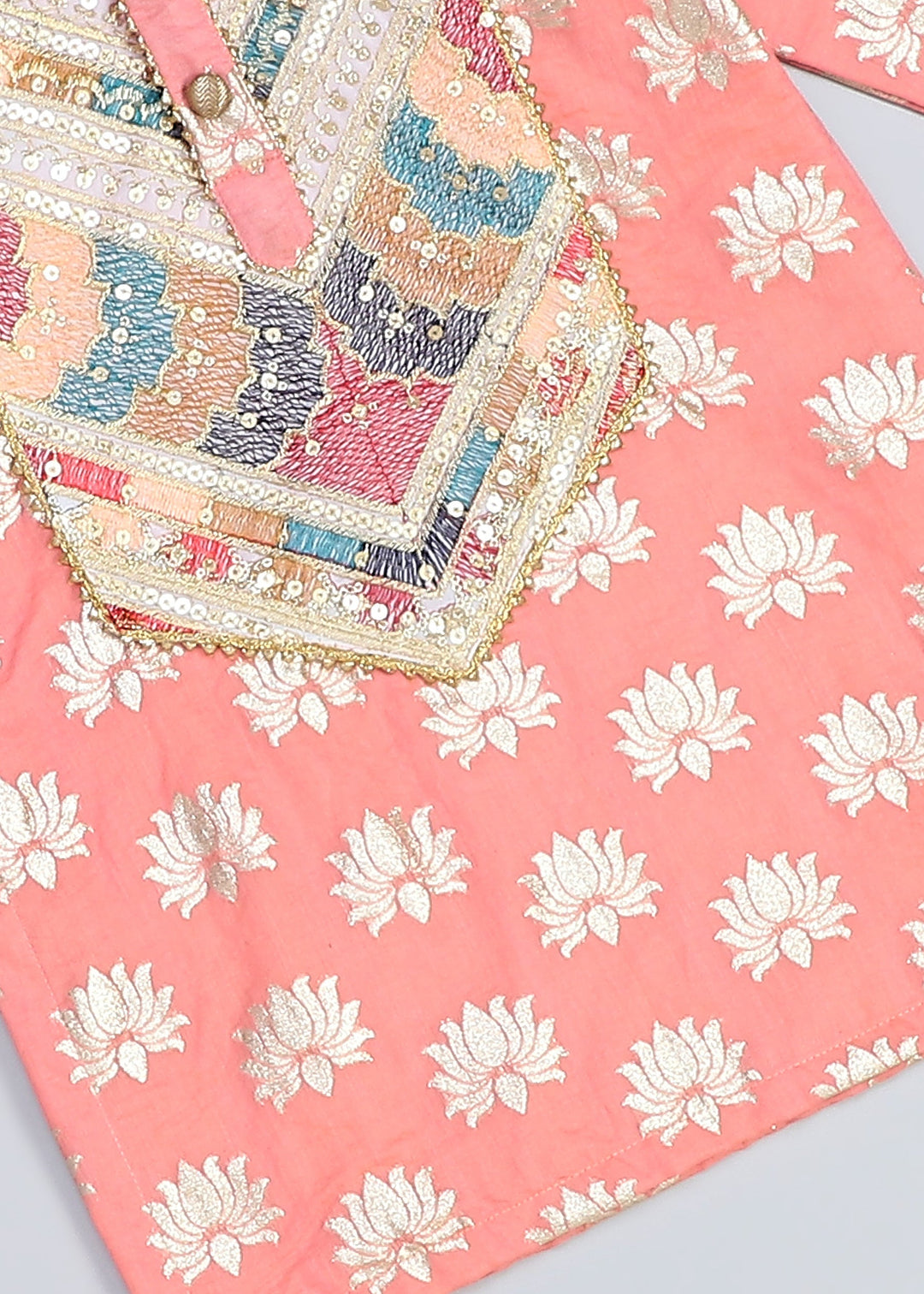 Peach Lotus Printed With Yoke Embroidery Kurta With Pyjama Set