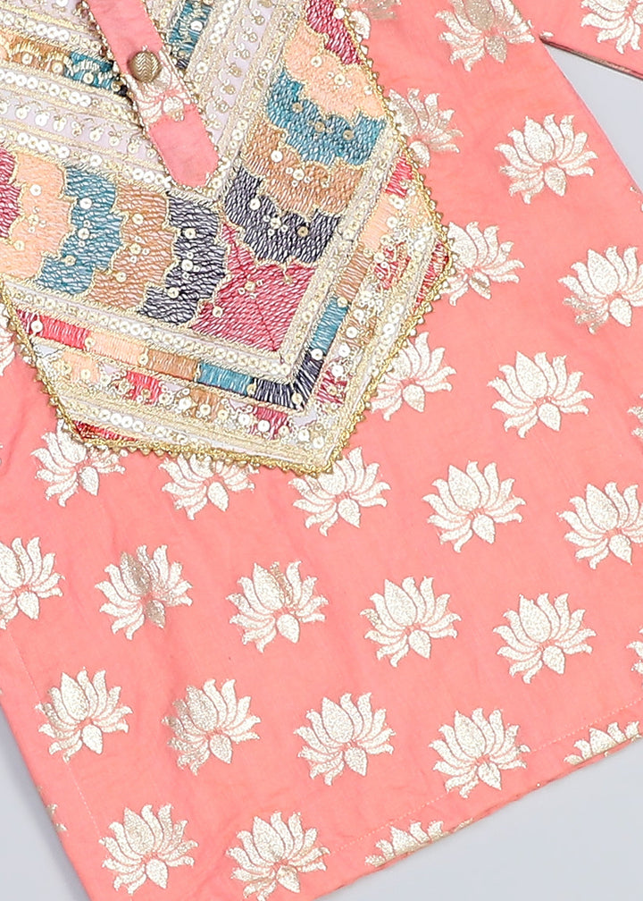 Peach Lotus Printed With Yoke Embroidery Kurta With Pyjama Set