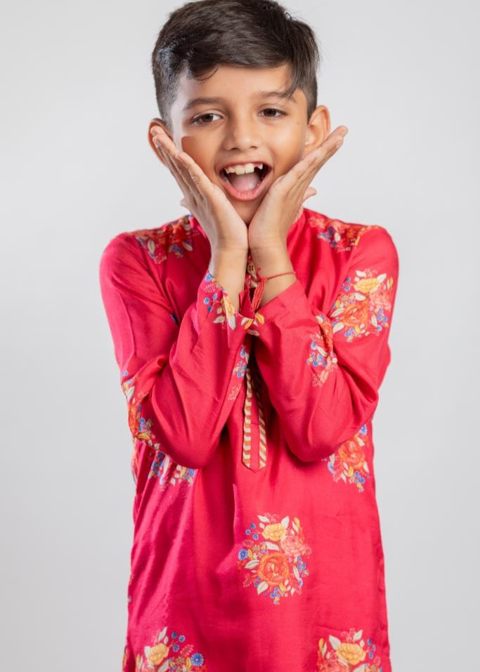 Red Big Floral Printed Kurta With White Pyjama Set