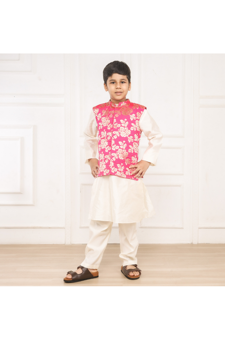 Off-White Kurta Pyjama With Pink Floral Brocade Jacket Set
