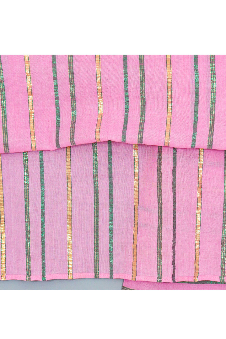 Pink Lace Detailing Cotton Lurex Kurta With Pyjama Set