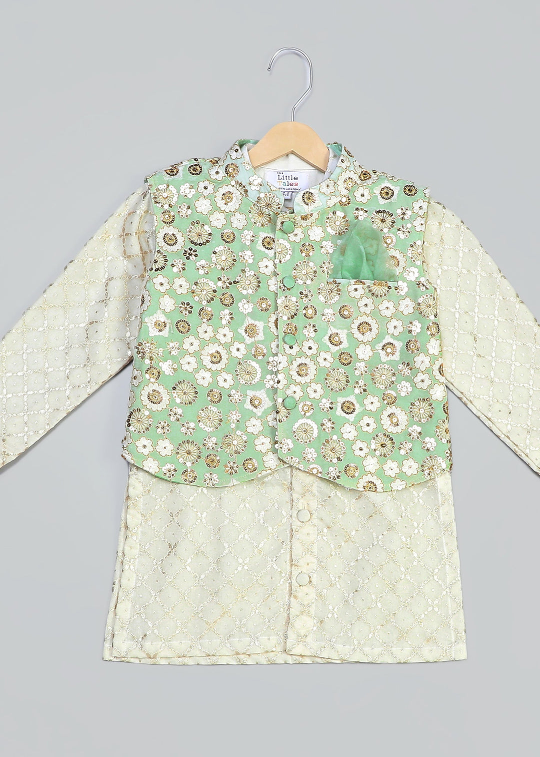 Green Sequins Embroidery Nehru Jacket And Kurta With Pyjama Set