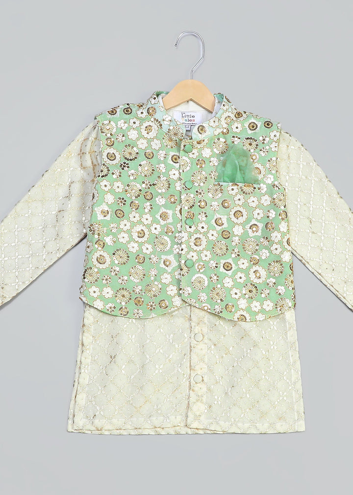 Green Sequins Embroidery Nehru Jacket And Kurta With Pyjama Set