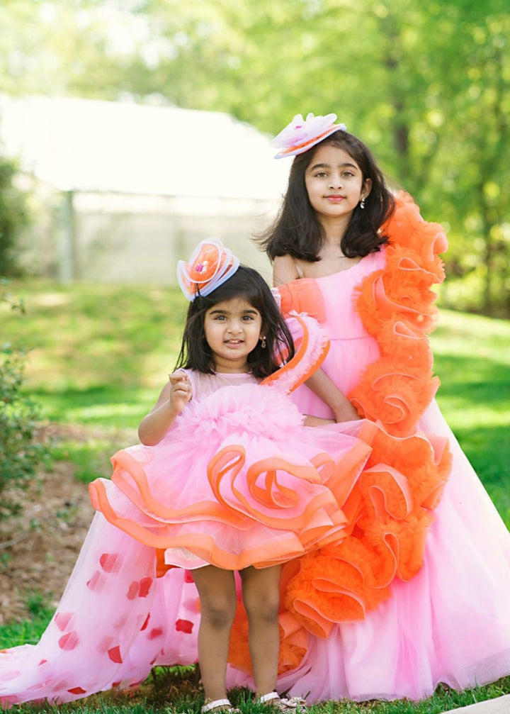 Orange Pink Stiff Hem Falling Petals Dress