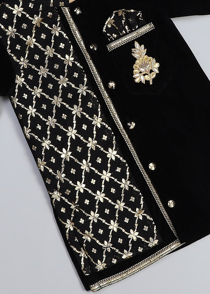 Black Velvet Kurta Pyjama With Chanderi Panel Set