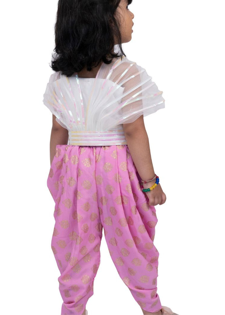 White & Peach Embellished Strappy Draped Top with Dhoti Set