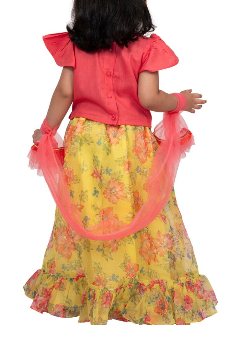 Coral Yellow Embellished Half Sleeves Top With Ghaghra Set