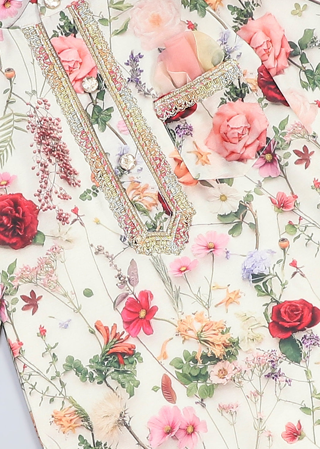 Multicolor Floral Printed Kurta With Off White Pyjama Set