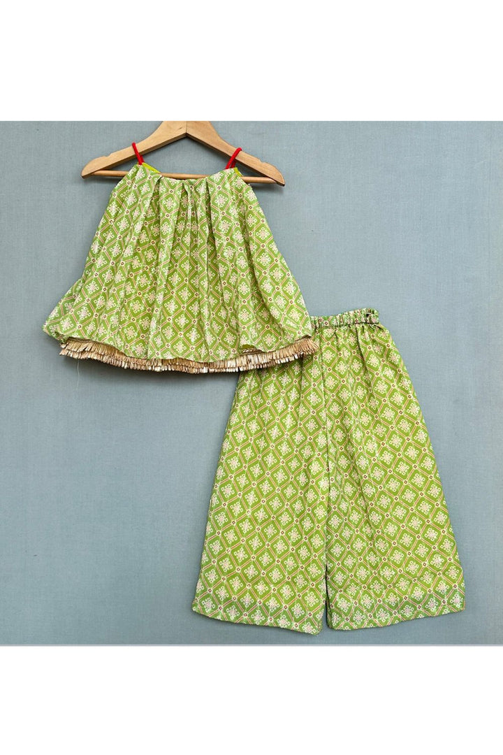 Green Georgette Print Geometric Motif Top With Palazzo Pant