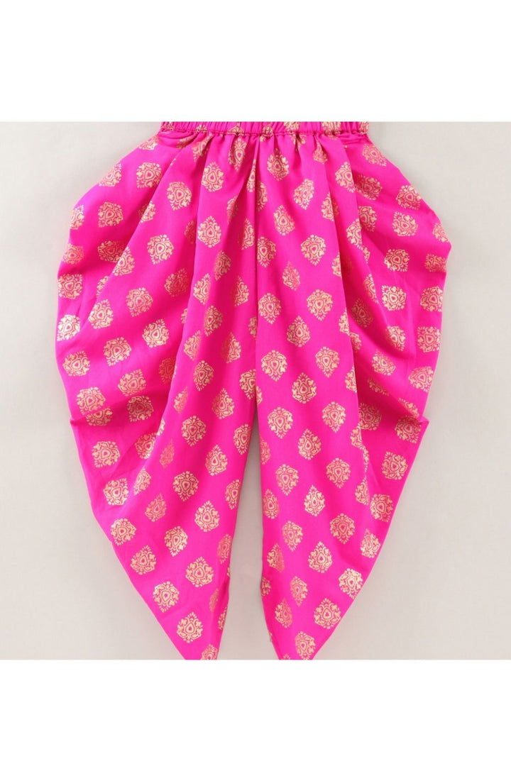 Multicolor Embroidered Layered Top & Pink Foil Printed Dhoti Pant Set