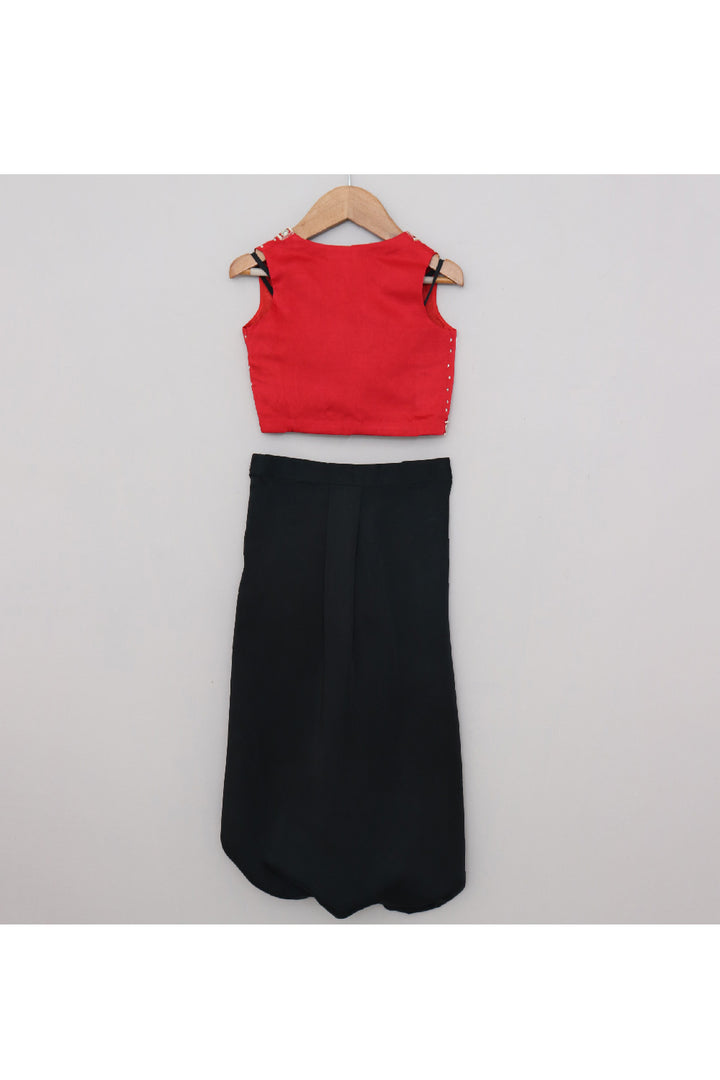 Black Sleeveless Satin Top With Dhoti And Embroidered Jacket Set
