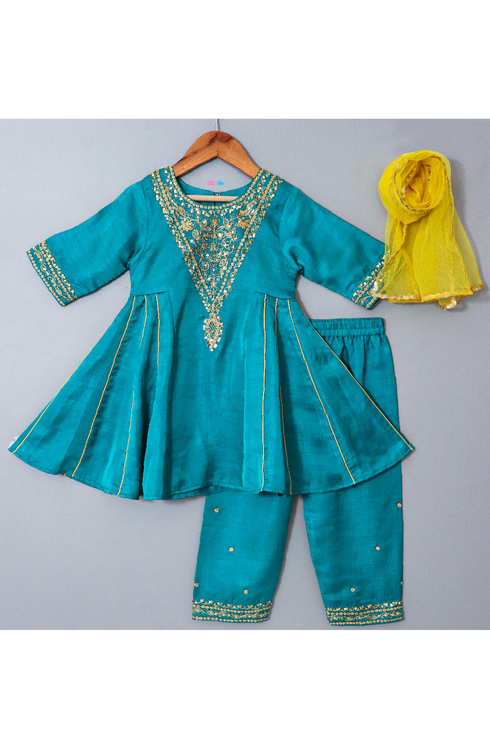 Turquoise Blue Embroidered Silk Peplum Style Kurta With Pant Set
