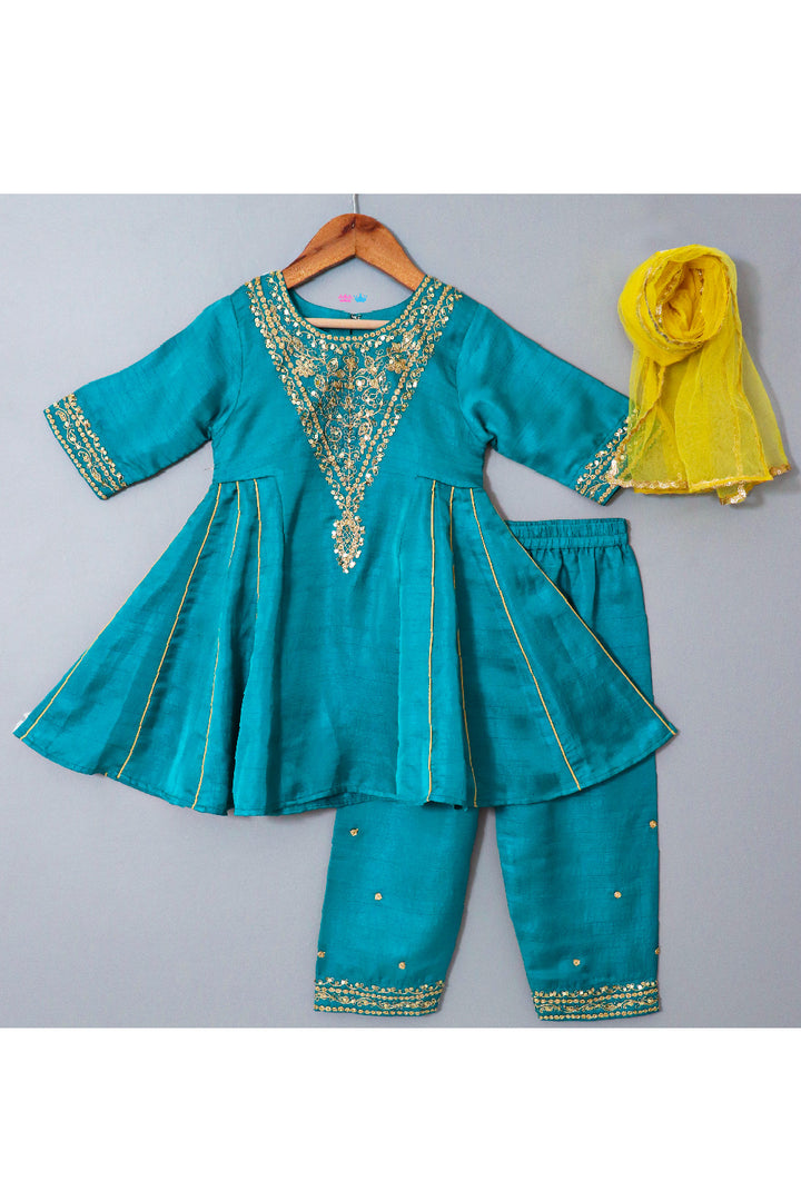 Turquoise Blue Embroidered Silk Peplum Style Kurta With Pant Set