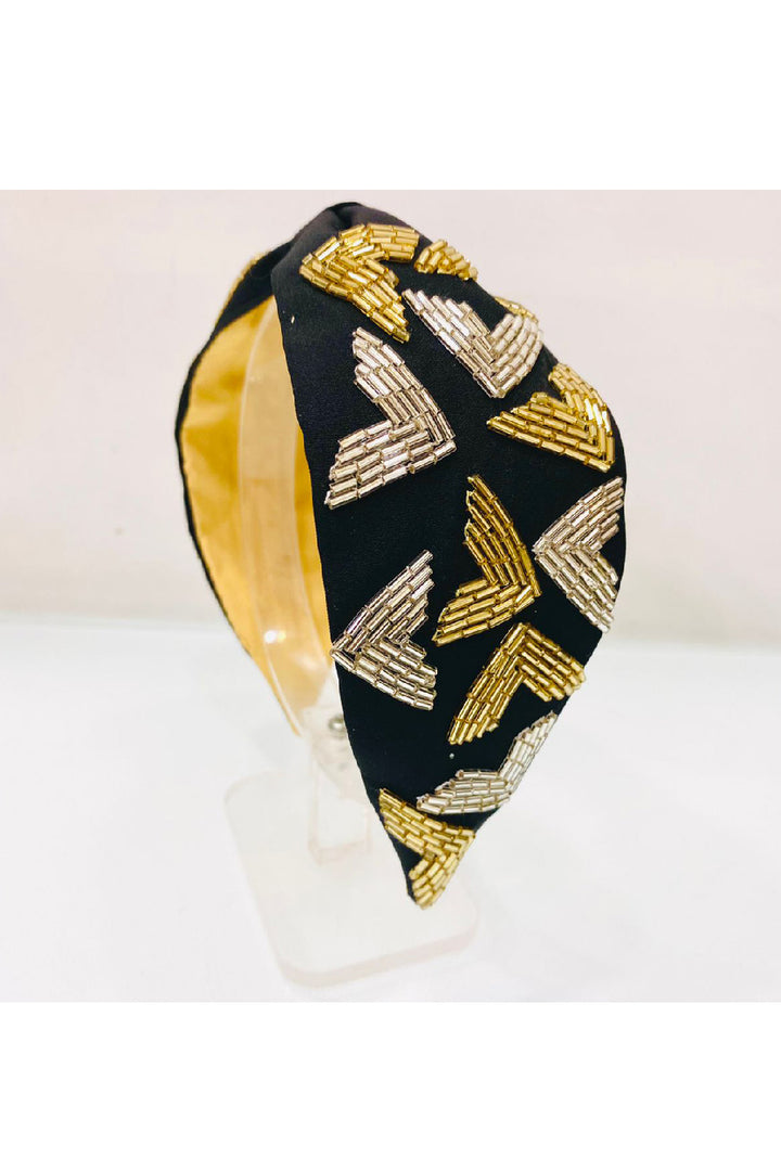 Black Beads Embroidered Crepe Hairband
