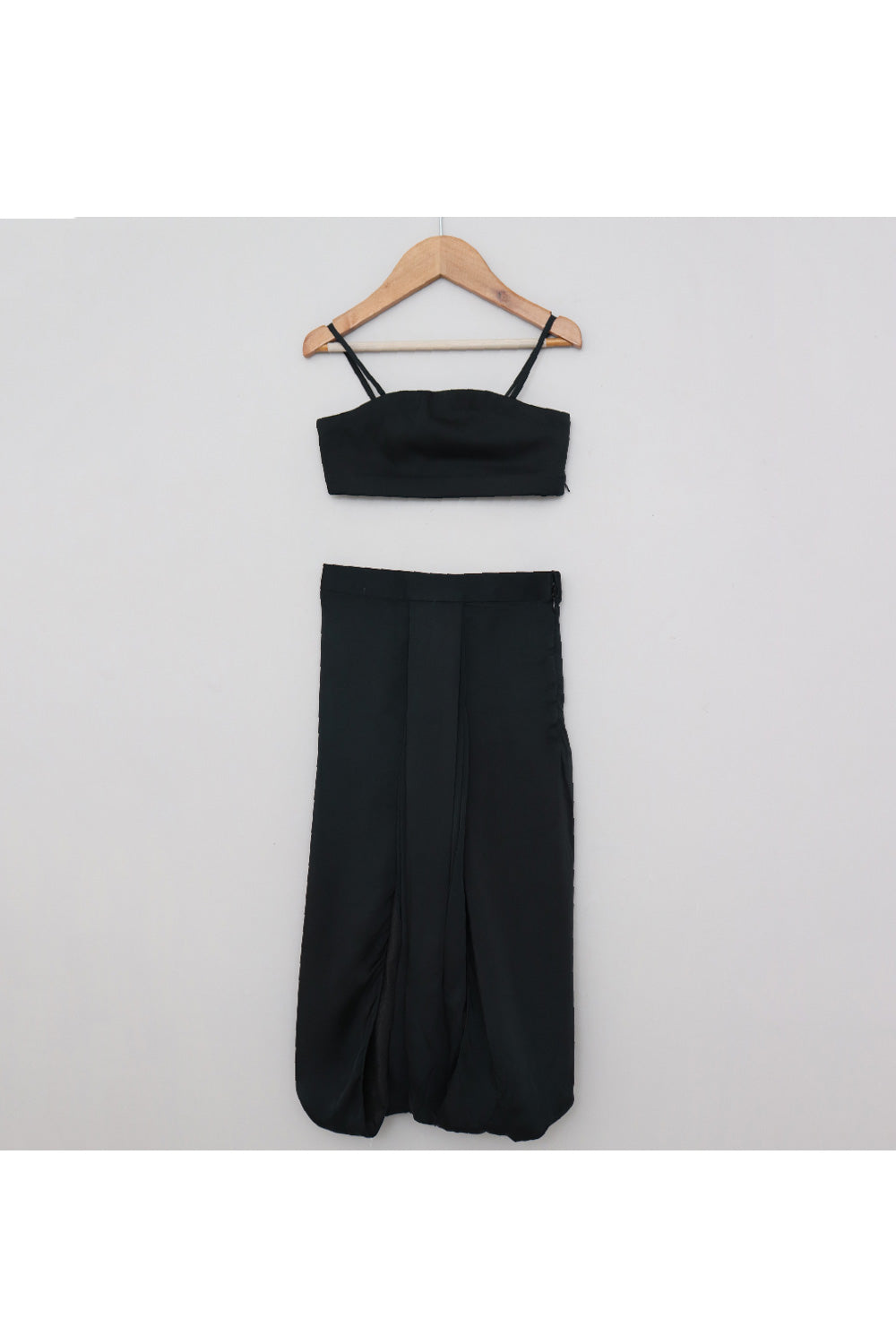 Black Sleeveless Satin Top With Dhoti And Embroidered Jacket Set