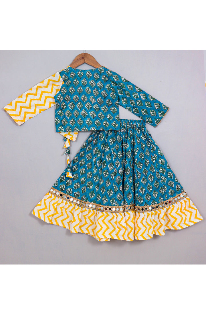 Blue And Yellow Hand Block Printed Angarkha Style Top With Lehenga Set