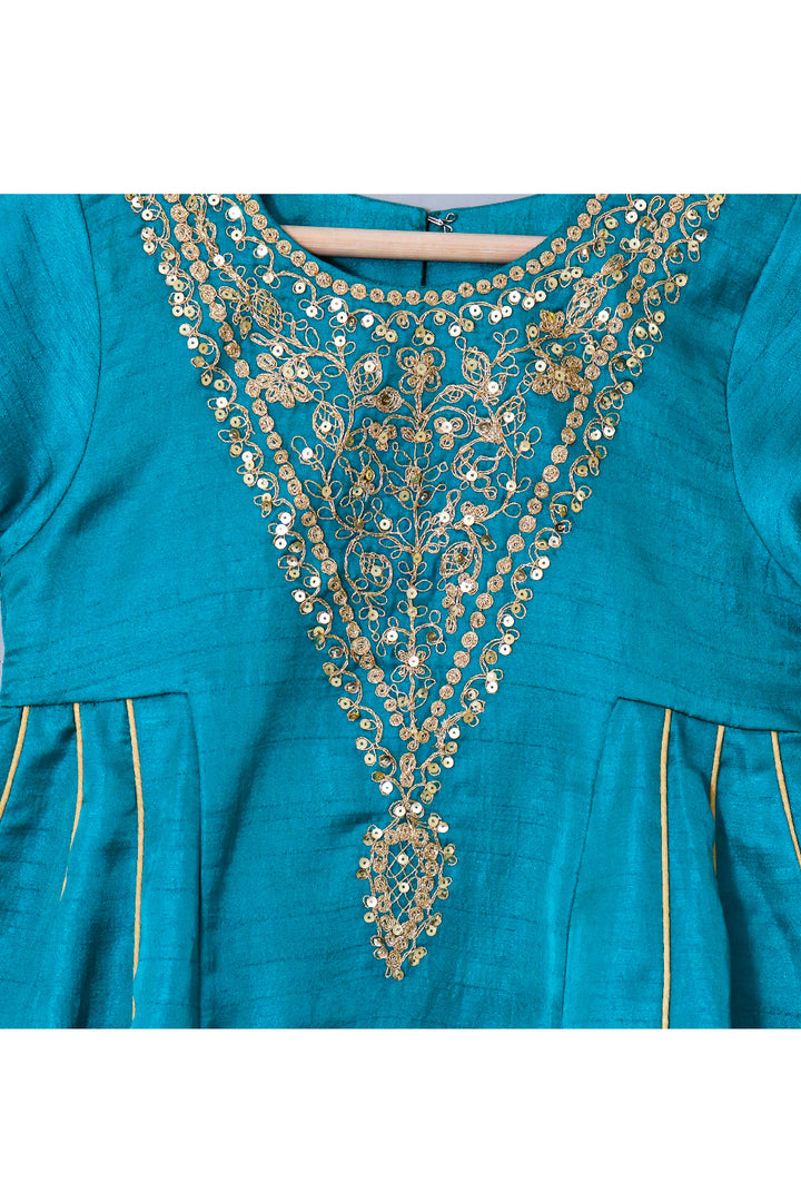 Turquoise Blue Embroidered Silk Peplum Style Kurta With Pant Set