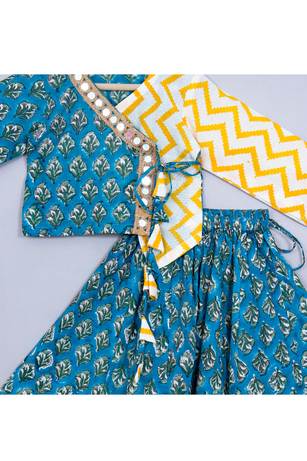 Blue And Yellow Hand Block Printed Angarkha Style Top With Lehenga Set