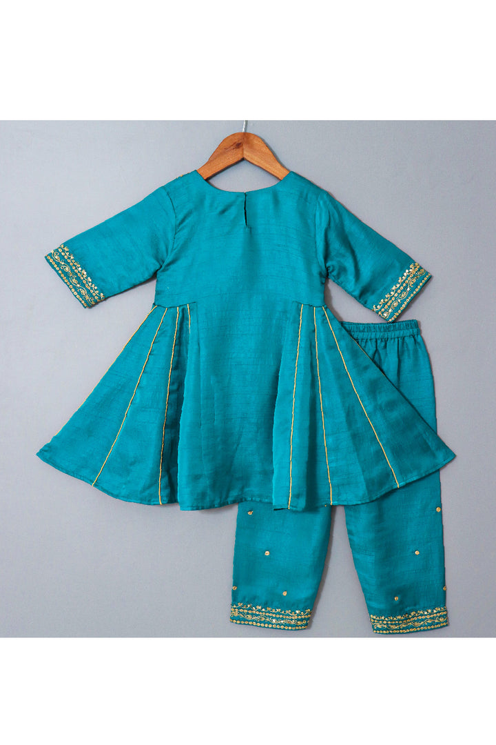Turquoise Blue Embroidered Silk Peplum Style Kurta With Pant Set