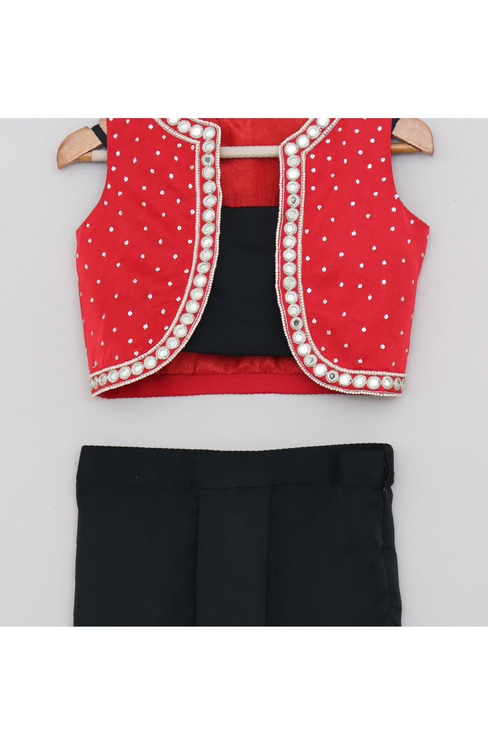 Black Sleeveless Satin Top With Dhoti And Embroidered Jacket Set