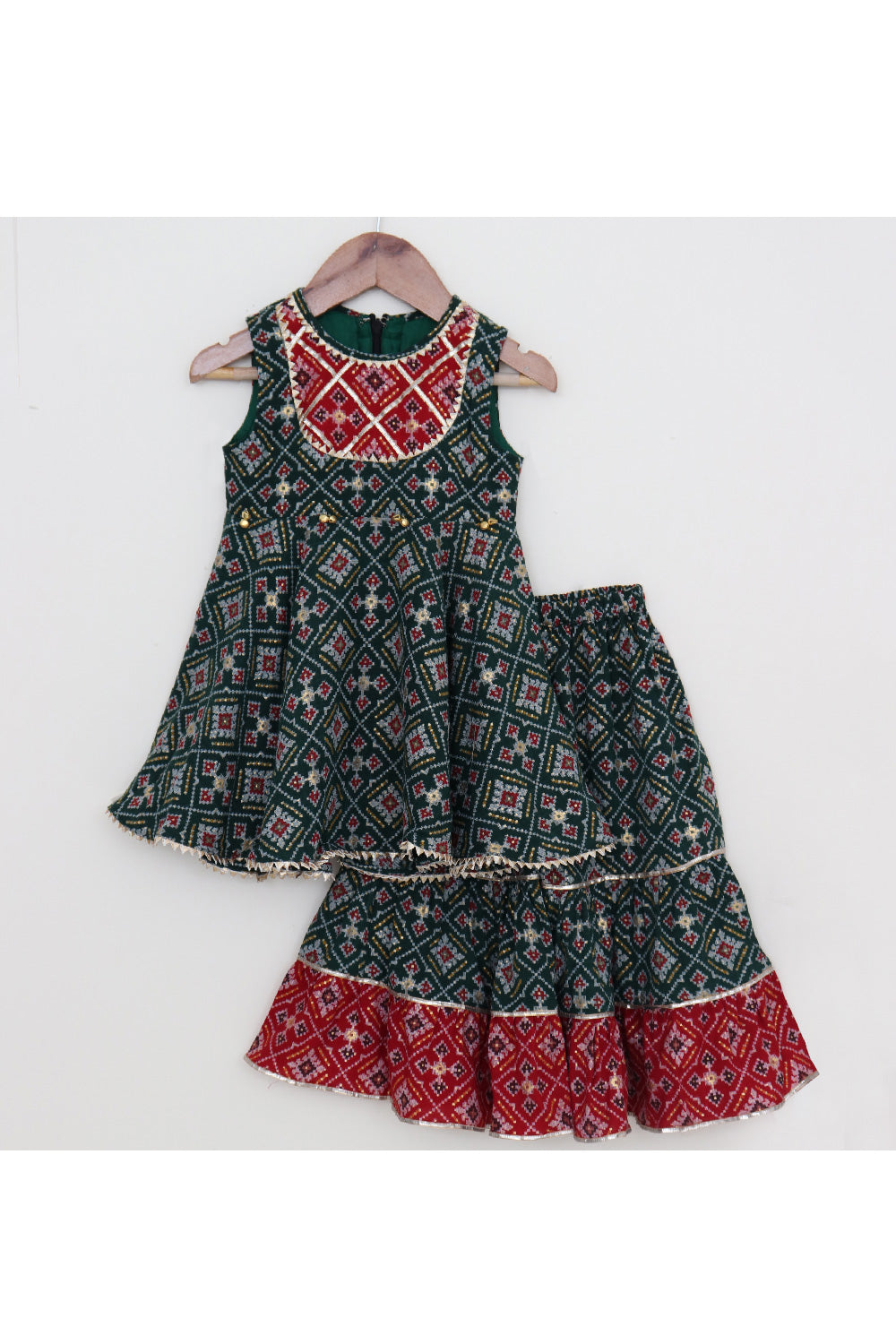 Green And Red Patola Printed Peplum Style Top With Sharara Set