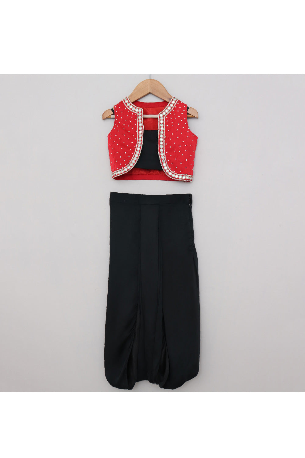 Black Sleeveless Satin Top With Dhoti And Embroidered Jacket Set