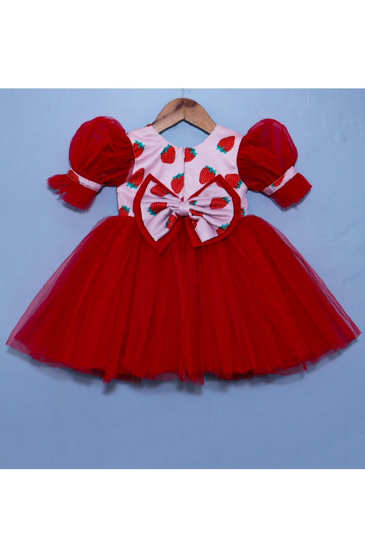 Red Strawberry Printed Puff Sleeves Net Dress