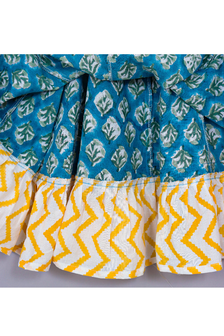 Blue And Yellow Hand Block Printed Angarkha Style Top With Lehenga Set