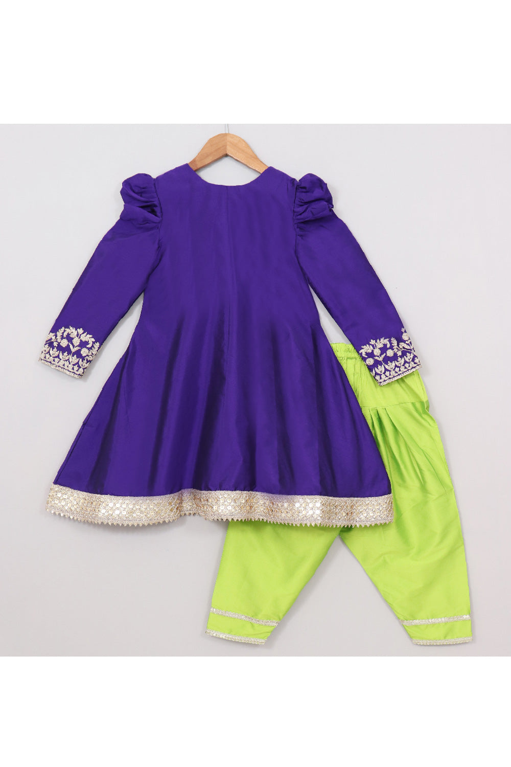 Purple Embroidered And Lace Detailing Silk Peplum Top With Salwar Set