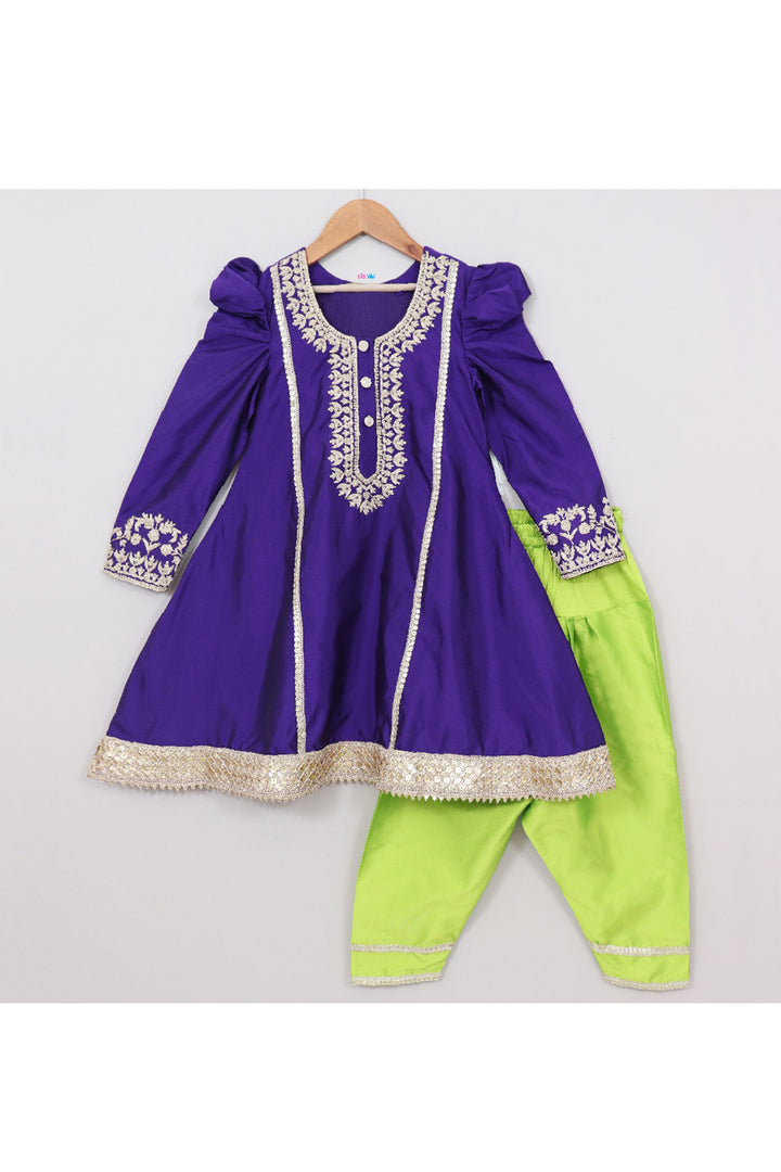 Purple Embroidered And Lace Detailing Silk Peplum Top With Salwar Set