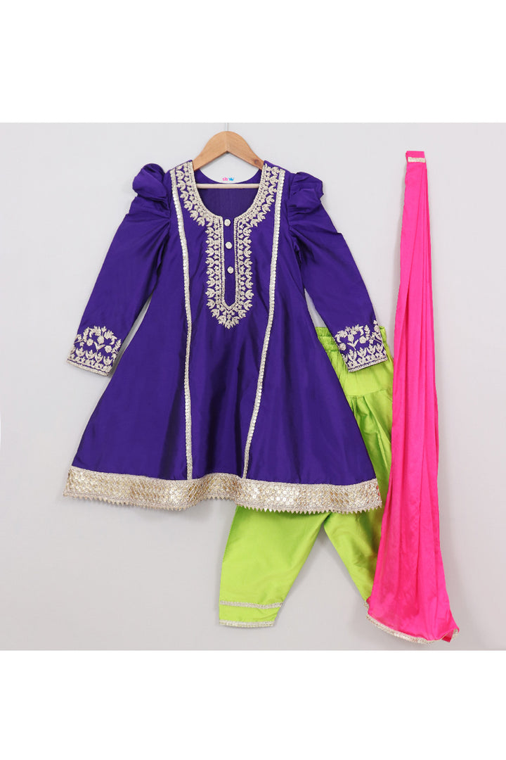Purple Embroidered And Lace Detailing Silk Peplum Top With Salwar Set