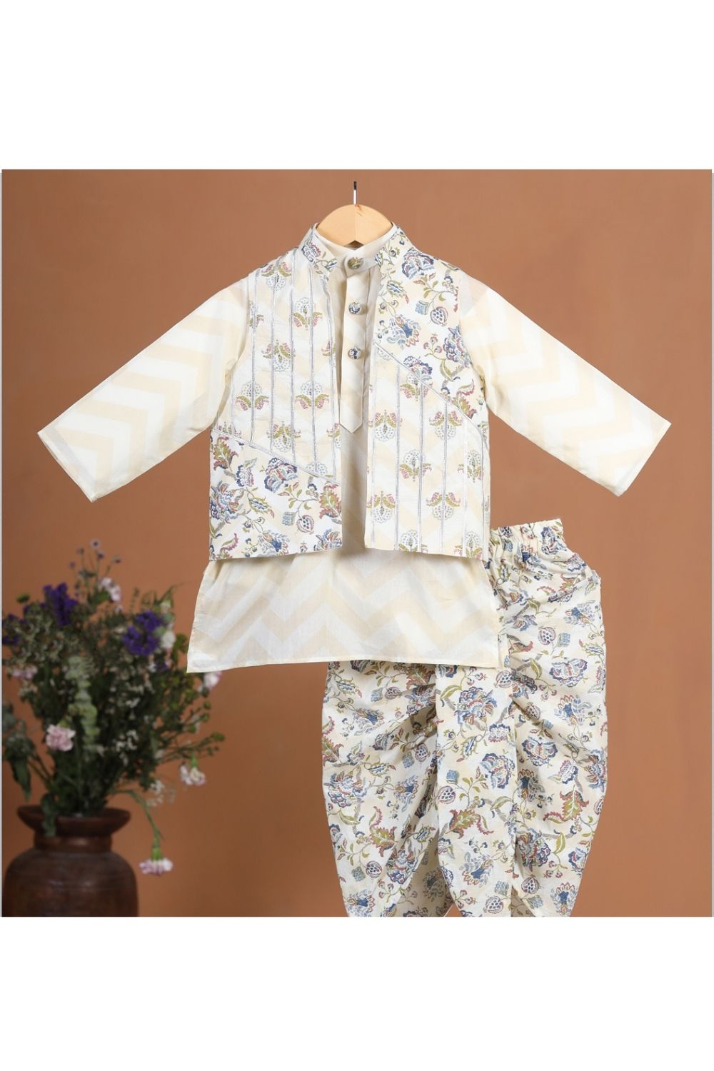 Beige Cotton Kurta And Floral Dhoti With Gota Detailing Jacket Set