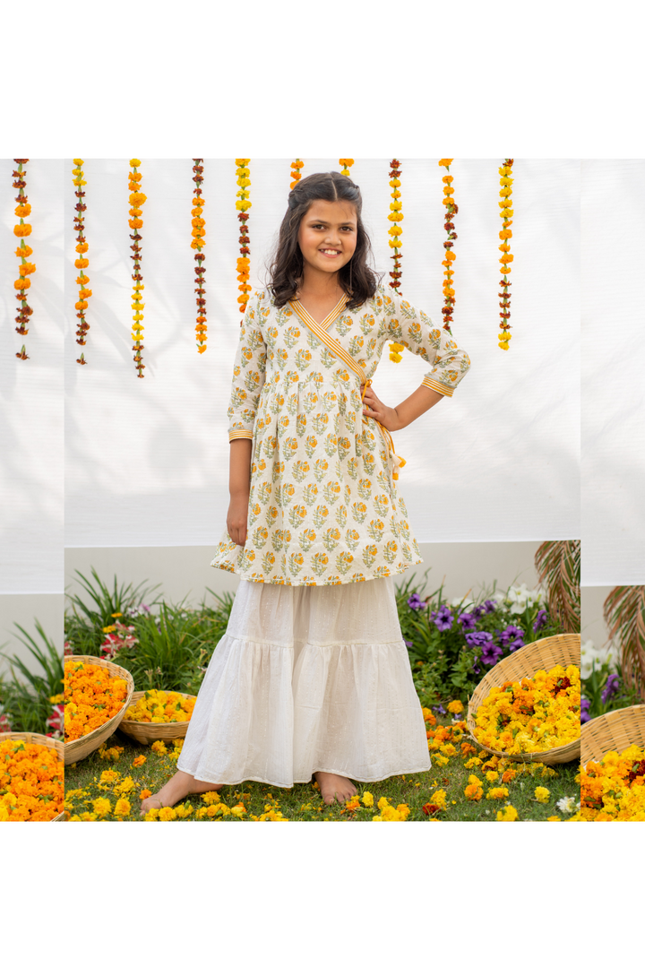 White And Yellow Marigold Printed Angrakha Kurta With Sharara Set