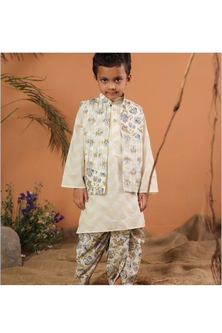 Beige Cotton Kurta And Floral Dhoti With Gota Detailing Jacket Set