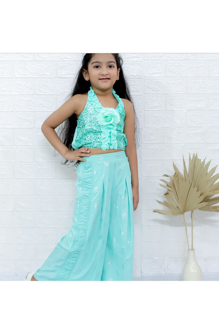Sea green Halter Neck Sequin Top & Pleated Palazzo Set
