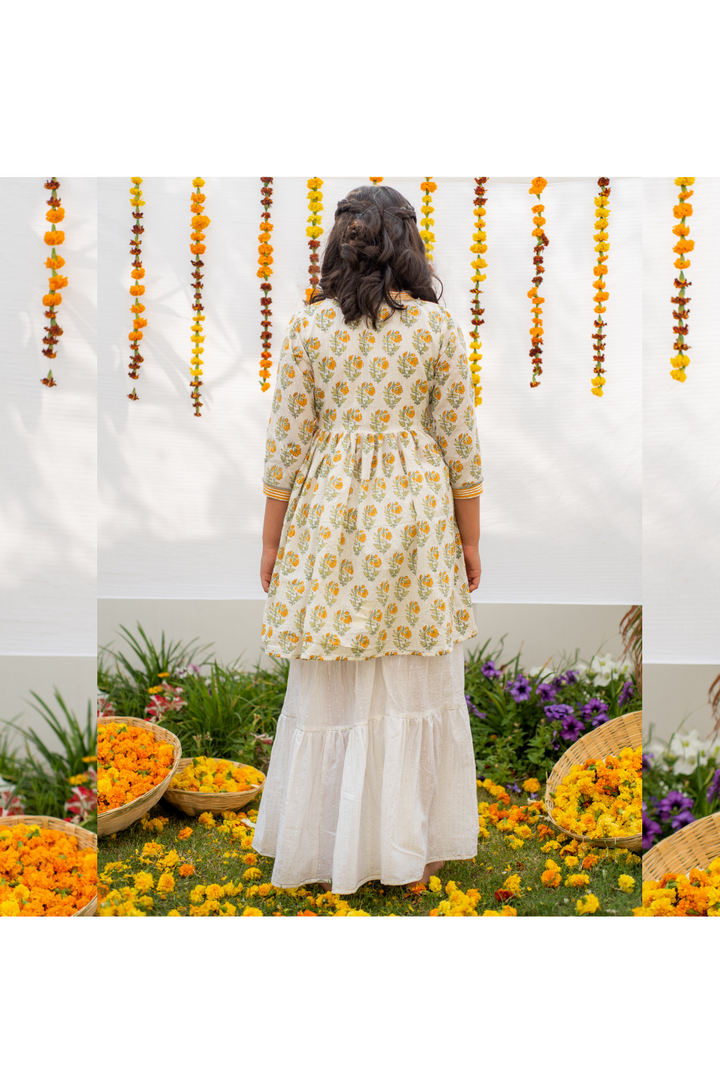 White And Yellow Marigold Printed Angrakha Kurta With Sharara Set