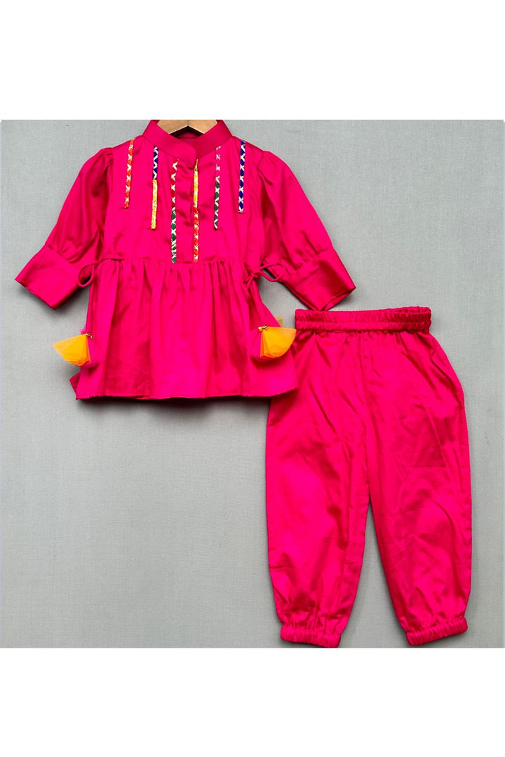 Pink Cotton Satin Kurti Patiala With Playfull Tassel Set