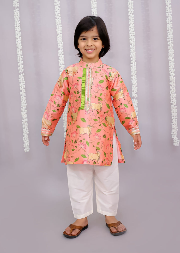 Orange Cow Printed Kurta With Pyjama Set