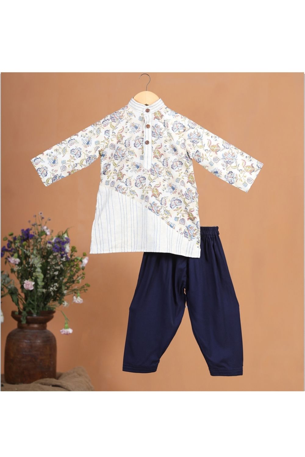Beige Cotton Floral Hemming Kurta With Patiyala Set