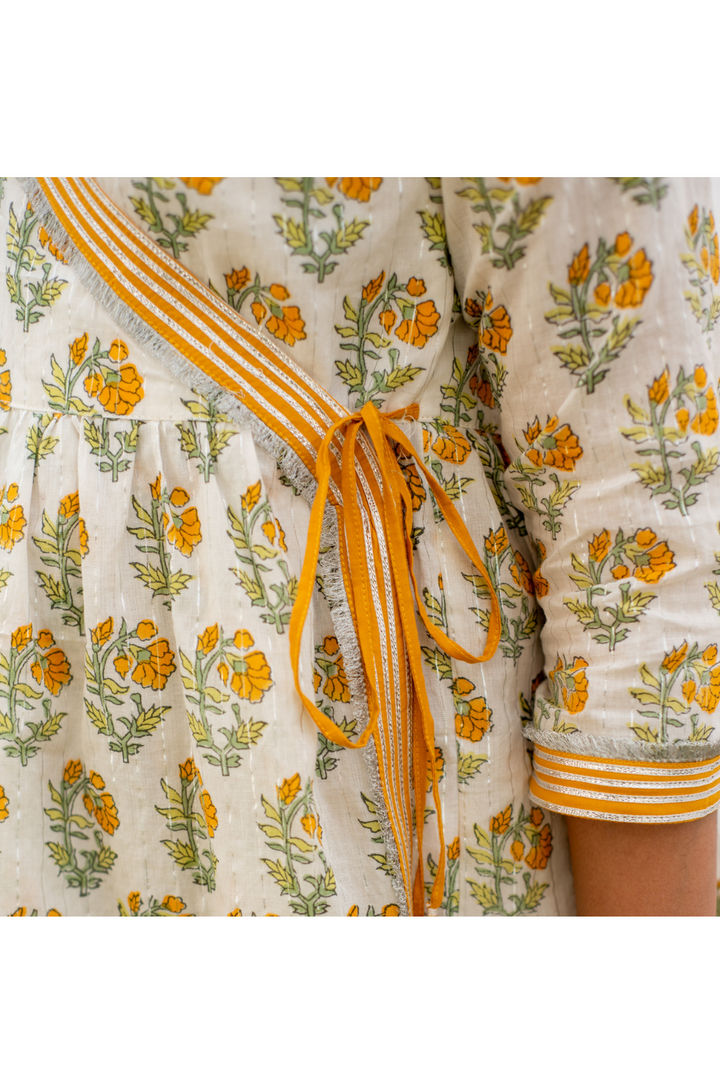 White And Yellow Marigold Printed Angrakha Kurta With Sharara Set