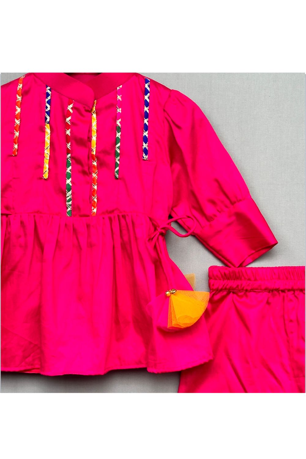 Pink Cotton Satin Kurti Patiala With Playfull Tassel Set