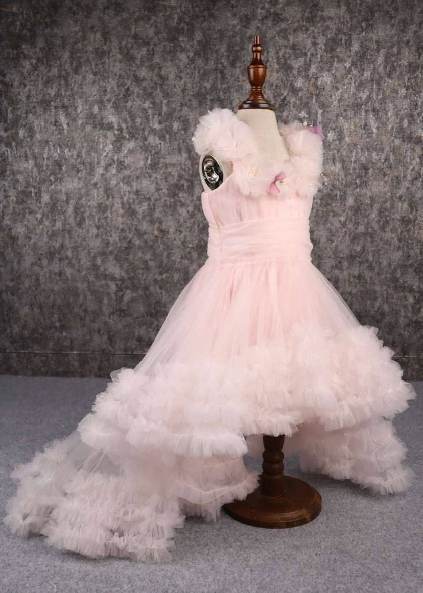Peach Butterfly Ruffle Hem With Trail Dress