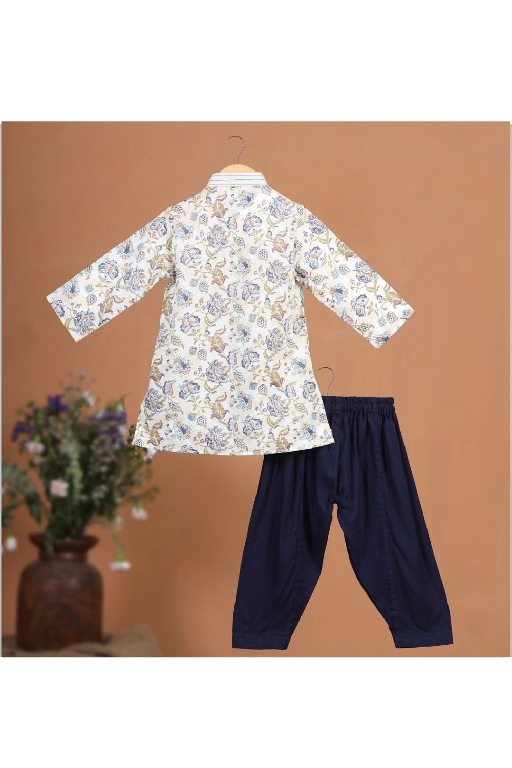 Beige Cotton Floral Hemming Kurta With Patiyala Set