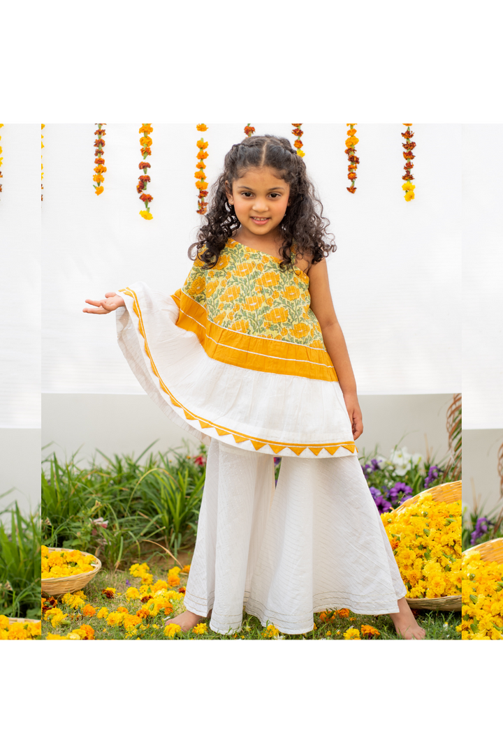White And Yellow Marigold Printed One Shoulder Top With Sharara Set