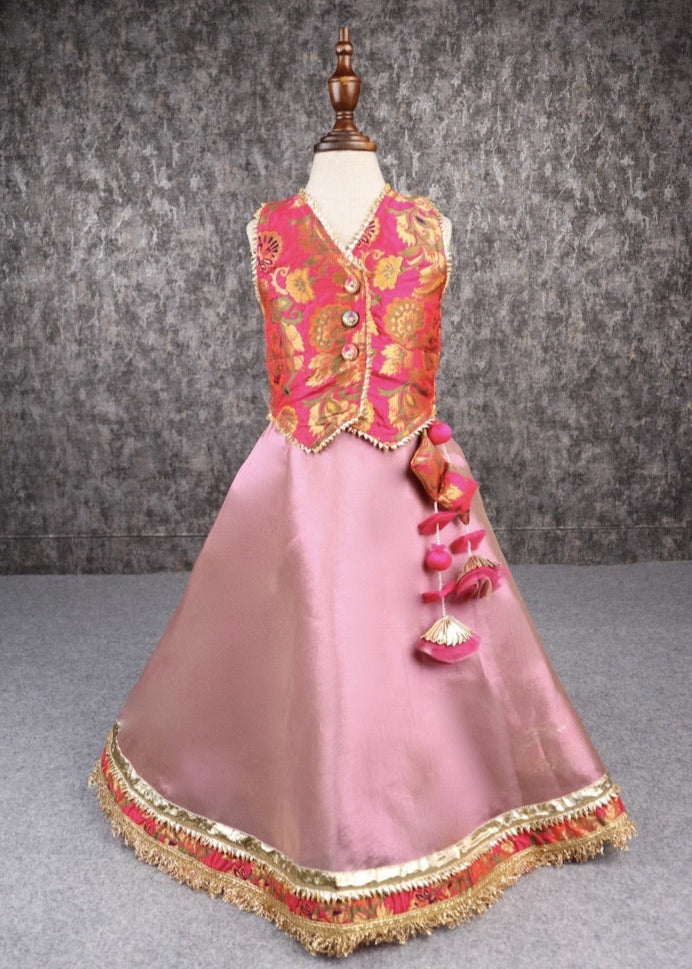 Magenta & Onion Gota Lace Detailing  Brocade Top And Lehenga Set