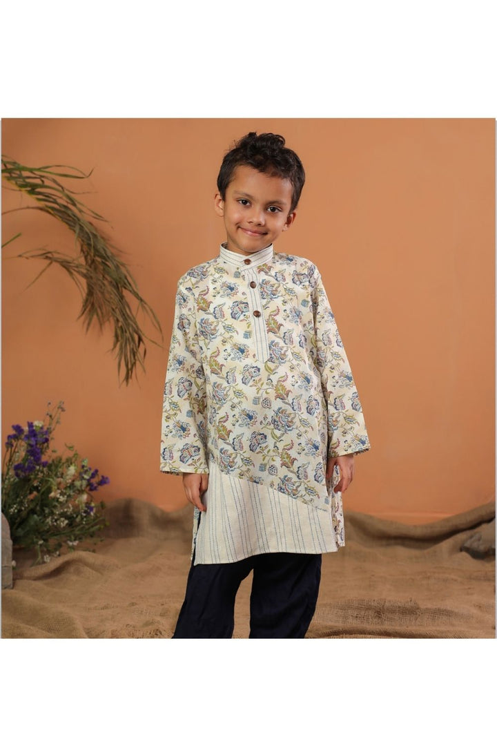 Beige Cotton Floral Hemming Kurta With Patiyala Set