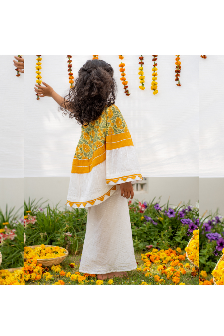 White And Yellow Marigold Printed One Shoulder Top With Sharara Set