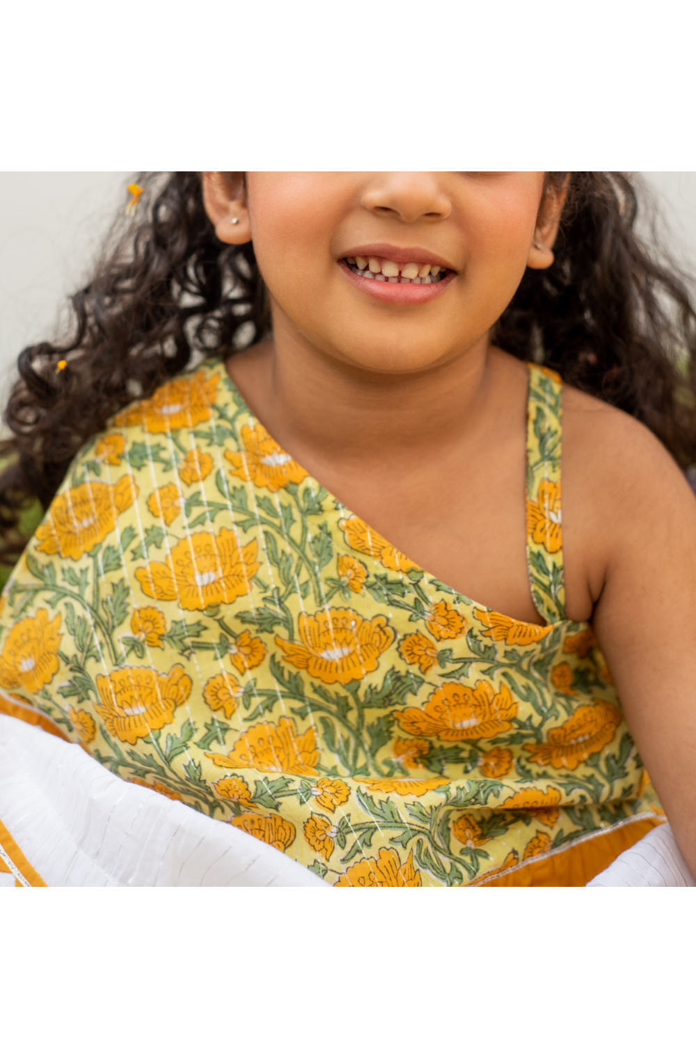 White And Yellow Marigold Printed One Shoulder Top With Sharara Set