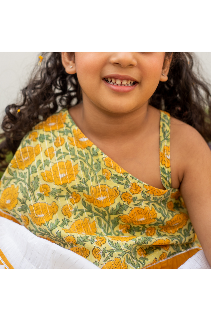 White And Yellow Marigold Printed One Shoulder Top With Sharara Set